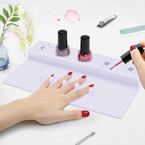 Mydrissu Nail Polish Holder, Silicone Hand Rest Mat Fingernail Painting Tools 2 in 1 Art Accessories Organizer Case Set with Anti-Spill Bottle Stand and Finger Separators for Pedicure Manicure-Purple
