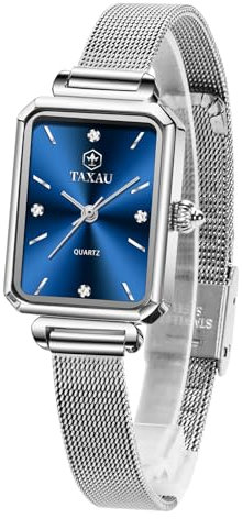 Taxau wasserdichte Rechteckige Silberne Armbanduhr Für Frauen Blaues Zifferblatt Mesh Armband Elegante Uhr Exquisite Edelstahl Analoge Damen Kleine Kleid Uhren