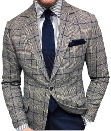 Zadaos Blazer d'affaires décontracté à carreaux simple boutonnage pour homme, gris, L