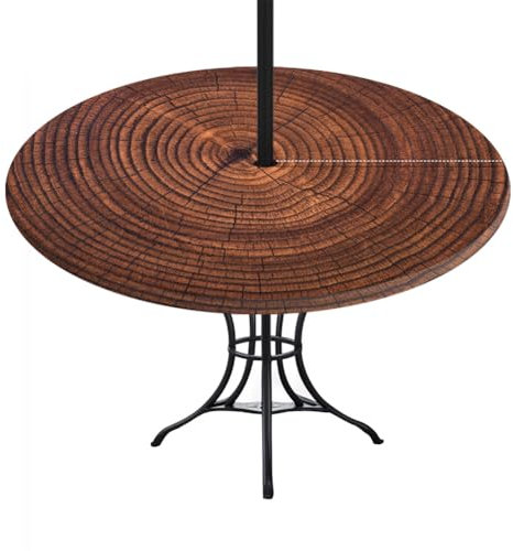 FANSU Tischdecke Rund Outdoor mit Loch in der Mitte, Tischdecken Abwaschbar mit Gummizug und Schirmloch Reißverschluss für Terrasse, Garten, Party und Grillen (Braunes Holz 9,S)