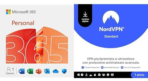 Microsoft 365 Personal | 12 mesi | 1 persona | App Office con AI & 1TB di Spazio di archiviazione OneDrive + NordVPN Standard | 10 dispositivi, 1 Anno VPN e Cybersecurity | Codice Digitale