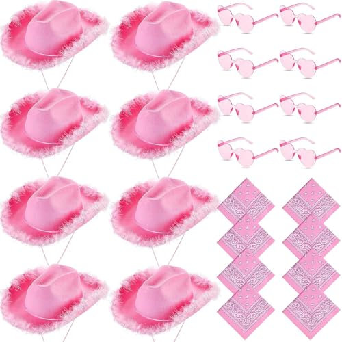 Lot de 8 Chapeaux de Cowgirl avec 8 Lunettes en Cœur et 8 Bandanas, Chapeaux de Cowgirl avec Boa en Plumes pour Fête Western Halloween (Rose)