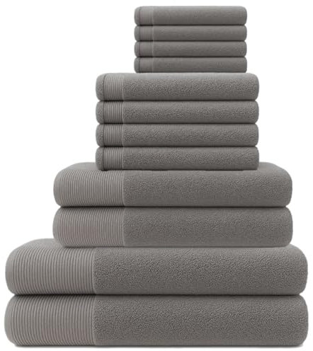 NOVOTEXTIL Juego Toallas Baño Completo 12 Piezas – 2 Toallas Baño Grandes + 2 Toallas Ducha + 4 Toallas Lavabo + 4 Toallas Cara – 100% Algodón 480 g/m2 – Suaves y Absorbentes (Gris)