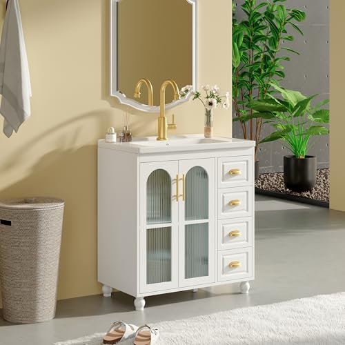 Merax Meuble de salle de bain simple avec meuble de rangement 80 cm, blanc, en céramique, espace de rangement avec tiroirs et portes, design moderne pour salle de bain