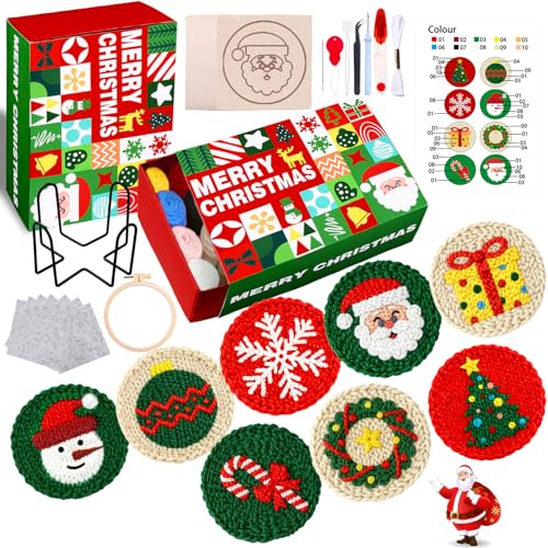 XIMISHOP 8PCS Christmas Punch Needle Coasters Kit，Easy Punch Needle Starter Kit for Beginners Punch Needle Embroidery Coasters with Patterns, Tools, Yarns, Hoop, Instructions & Coaster Holder
