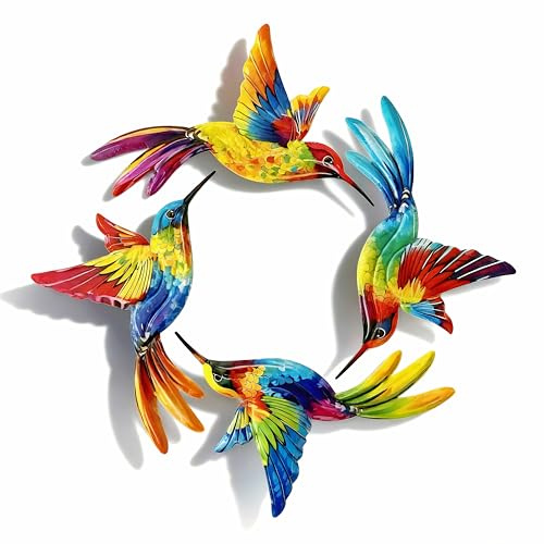 Zyomiol 4 Pcs Large Hummingbird Garden Wall Art Decor Outdoor, Rustproof Wrought Iron Colourful Wall Sculptures, Hanging Metal Decorations for Backyard Balcony Indoor Living Room
