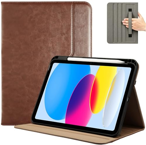 ProCase Coque pour iPad (A16) 11ème Génération 11 2025 / iPad 10ème Génération 10,9 2022, Étui en Cuir PU avec Porte-Stylet, Sangle Main et Poche Frontale -Marron