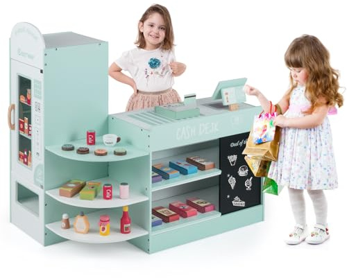 GOPLUS Kinder Kaufladen, Supermarkt aus Holz, Kaufmannsladen mit mit Kasse, POS-Automat & Verkaufsautomat, Einkaufsladen Rollenspiele mit 15 Zubehör & Tafel für Kinder von 3-8 Jahren (Minzgrün)