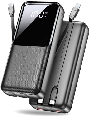 Power Bank 40000mAh 22,5W Powerbank PD USB-C Schnellladefunktion, Tragbares Ladegerät mit 3 Anschlüssen & 2 integrierten Kabeln, Externer Akku kompatibel mit iPhone 17 16 15 14 13, Android und mehr
