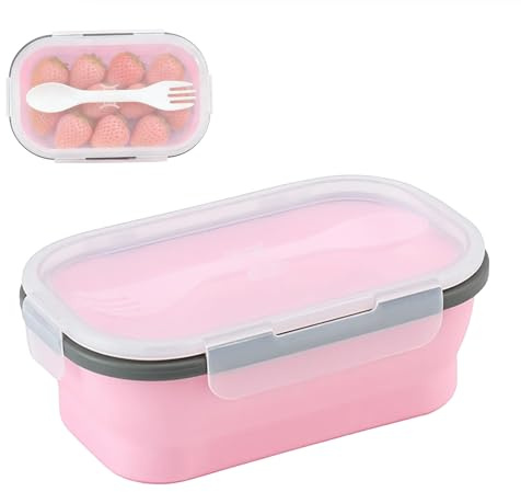 Rthynti 1000ml Silicone Bento Lunch Box, Collapsible Food Storage Containers with Lid and 2 in 1 Spoon Fork, Retractable Lunch Box for School, Traveling, Working, Camping
