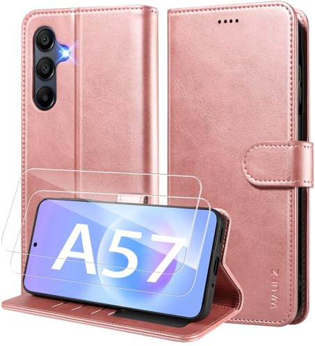 WAURZ Coque pour Samsung Galaxy A57 5G Portefeuille,Or Rose | Etui Cuir Pochette avec 2 Verre Trempé Porte Carte Antichoc, Housse à Rabat Clapet Magnétique Étui Protection RFID Flip Case
