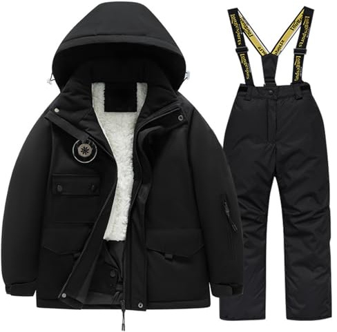 Chaqueta de esquí para niños, forro polar, con bolsillos, cortavientos, ideal para snowboard, unisex, Negro , 14-16 años
