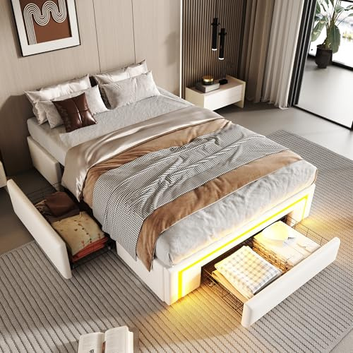 Gxffipw Einzelbett Bettgestell 90x200 cm mit Schubladen und LED-Lichtleiste, PU-Leder Bett Ohne Kopfteil mit Stauraum, Jugendbett Stauraumbett Bettrahmen mit Metalllatten, Weiß, Ohne Matratze