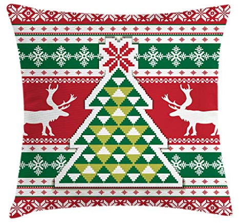 ABAKUHAUS Weihnachten Kissenbezug, Skandinavische Hirsch Bäume, 40 x 40 cm, Kissenhülle mit verstäckten Reißverschluss Waschbar Farbfest Beidseitiger Druck, Weiß Rot Grün