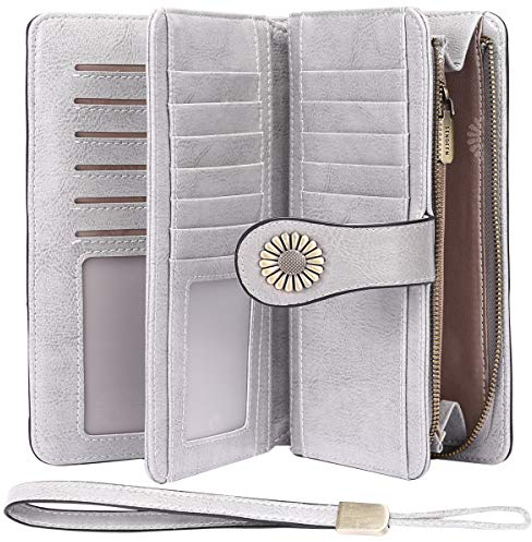 TEUEN Porta fogli da donna di grande capacità, porta monete da donna RFID blocco con chequier,identità scomparti per carte, organizer a cerniera per monete regalo donna, grigio, Grande, Minimalista
