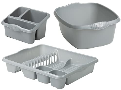 JMS we create smile Plastic Large Kitchen Sink Set of 3 Rectangular Washing Up Bowl, Sink Tidy and Large Dish Drainer (Silver/Grey)