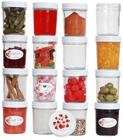 megusta!® 16 Einmachgläser | 200 ml | Deckel Herzdesign | Marmeladengläser Dessertgläser | für Babybrei Joghurt Pesto | + 16 Etiketten