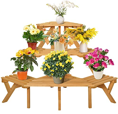 Outsunny Scaletta Portavasi in Legno Angolare con 3 Mensole, Scaffale Porta Piante da esterno, Fioriere per Balconi Arredamento da Giardino e Casa, 96x64x61cm