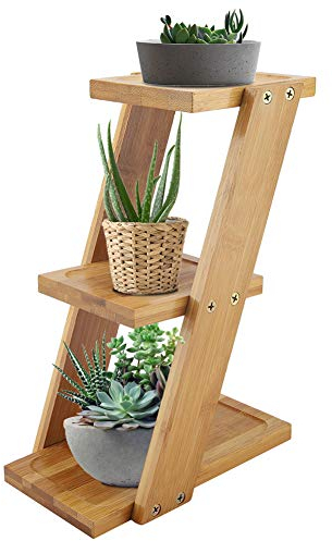Wakects Desktop Topf Blumenständer,Mini 3 Ebenen Bambus Blumenständer Blumentreppe Holz mit stehendes Pflanzenregal 25 x 18 x 9,2 cm