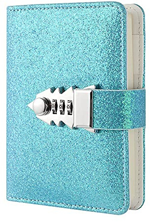 A7 Glitzer-Notizbuch, abschließbar, Hardcover, linierter Notizblock, geheimes Passwort, Tagebuch, Planer, Organizer mit Zahlenschloss, Stifthalter und Kartenfächer