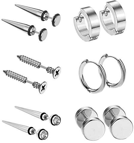 Cupimatch 6 Paare Creolen Ohrringe Ohrstecker Silber Herren Damen Edelstahl Schrauben Ohrringe Niet Spike Ohrpiercing Fake Plug Punk Rock Ohrschmuck
