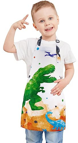 WERNNSAI Kinderschürze - Wasserdicht Polyester Schürzen für Kinder Jungen Mädchen mit Verstellbarem Gurt und Tasche Küche SchürzenKochen Backen Malen (2-12Jahre) (Dinosaurier, XS)