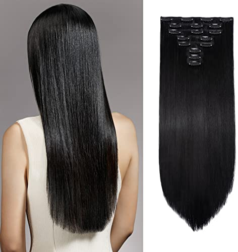 Cybelleza 60cm Clip in Extensions Haarverlängerung 8 Teile Clip in Haarteil Kunsthaare Glatt Synthetische Haare Clip in Haarextension Voluminös Natürlich Lang haarverdichtung, Schwarz
