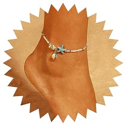 Inilbran Bracelet De Cheville Boho Étoile De Mer Bracelet De Cheville Vintage Conque Bracelet De Cheville Perle Blanche Pendentif Chaîne Cheville Perle De Graine Blanche Bracelet De Cheville Chaîne