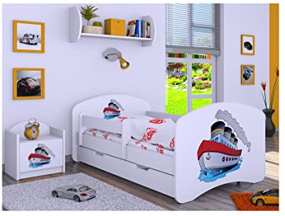 BDW Kinderbett mit Matratze und Bettkasten - NEU, 140/160/180/190 Verschiedene Motive Für Junge Weiß (Schiff, 160x80)