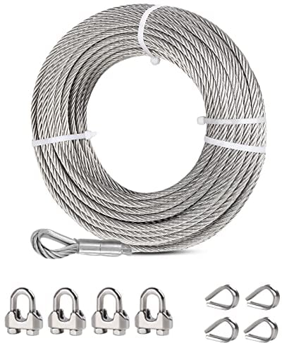 hannger Cable Acero 6mm, 45m Cable de Acero Inoxidable, 7 x 19 Hebras Cable Principal Zipline con 4 Abrazaderas y 4 Dedal, para Teleféricos, Luces para Exteriores
