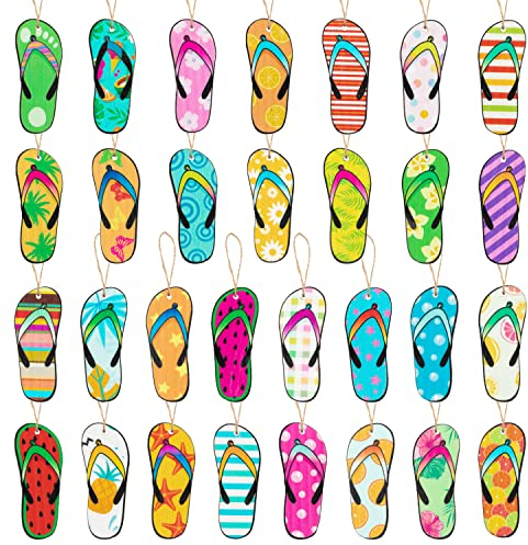 Haooryx Sommer Dekorative Hängende Anhänger 31-teiliges Set Mit Hawaii-Strand-Flip-Flops Aus Holz wasserdichte Partydekorationen Geschenkverpackung Kindergeburtstag Familienfeier Partydekoration