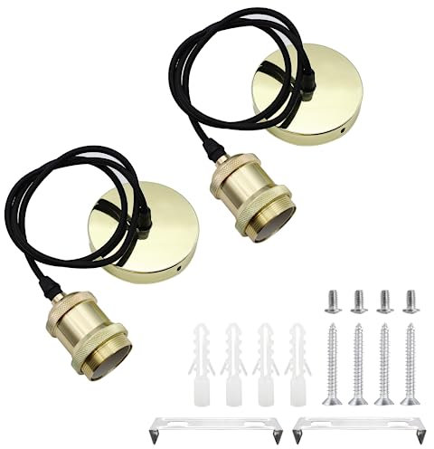 HOMEJOY 2 Pcs Ceiling Pendant Light Fitting E27 Rose Screw Lamp Holder Vintage Ceiling Rose Lamp Suspended with 100cm Braided Flex (Gold)