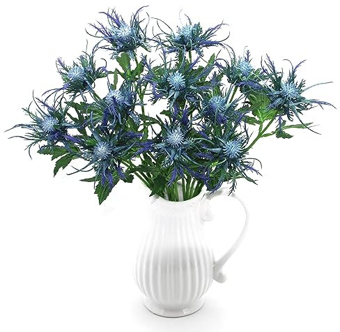 HASWITDA 4 Stängel Künstliche Eryngium Distel Blumen Faux Meer Holly Seide Langer Stängel gefälschte Flora für Outdoor Indoor Home Dekoration Bouquet Kränze Mittelstück Arrangement Blau Ohne Vase