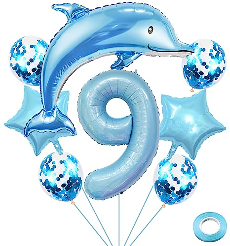 Weenkeey 9 Jahre Delfin Geburtstag Deko: 10-teiliges Set mit Delphin, Zahl 9, Sternen, Konfetti und Stroh - Hellblau - BALLOON - Jungen (9 Jahre) - Unisex - Kinder - Geburtstag
