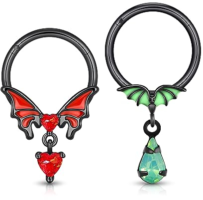 Longbeauty 14G Edelstahl Septum Nasenringe Knorpel Helix Ohrringe Fledermaus Clicker Nase Hoops Piercing Schmuck für Frauen Männer, 2 Pcs