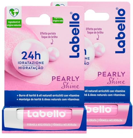 Labello Pearly Shine Lippenpflegestift, bunte, feuchtigkeitsspendende Lippenpflegestift mit Perlen- und Seidenextrakten, rosé - 2 Sticks