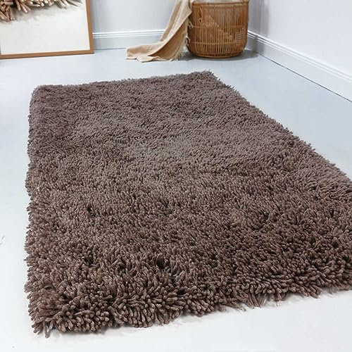 Wecon Home Esprit Hochflor Teppich modern, einfarbig, flauschig aus 100% Schurwolle für Wohnzimmer, Schlafzimmer und Kinderzimmer – Seattle Shag (140 x 200 cm, Taupe)