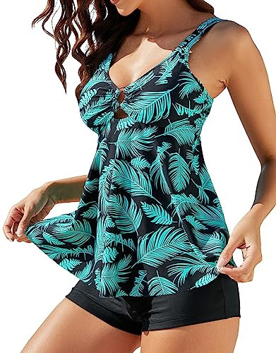 Genfien Damen Zweiteilig Badeanzug Push up Bademoden Bauchweg Tankini Set High Waist Beachwear Hotpants Badeanzug mit Zwei Trägern