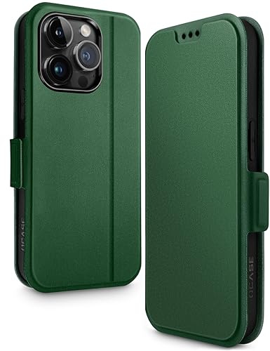 OCASE Kompatibel mit iPhone 15 Pro Hülle, Leder Flip Stoßfeste Handyhülle, Magnetische Schutzhülle Silikon TPU [Kartenfach] [Standfunktion][Magnetverschluss] Case Grün 6,1 Zoll