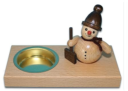 Holzwaren Egermann Leuchter aus Holz - Teelichthalter in Naturfarben mit süßem Schneemanndesign - Motiv: mit Schneeschieber - Länge: ca. 11,5 cm - Made in Germany