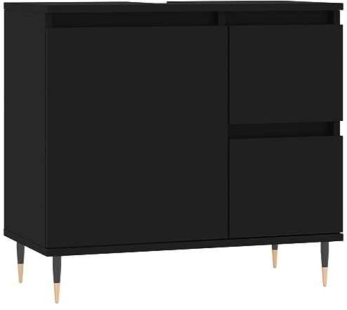 Tidyard Badschrank Badezimmerschrank Badregal Badmöbel Schrank Badezimmer Regal Unterschrank 1 Fach mit Tür und 2 Schubladen Schwarz 65x33x60 cm Holzwerkstoff