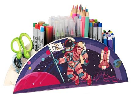 WAGOMA® Stiftehalter Kinder Astronaut [5 Fächer] | Robust & Langlebig | Schreibtisch Organizer Mit Farbenfrohem Astronauten-Motiv | Bringt Ordnung Auf Den Schreibtisch | Stifte Organizer
