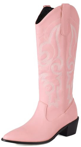 MJIASIAWA Femmes Pointu Western Slouch Botte Hautes Embroiderouge Hiver Mode A Enfiler Classique Bloc Cowboy Bottillons Rose Taille 34 Eu