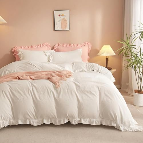 Freyamy Bettwäsche 135x200cm 2teilig Weiß Rüschen Romantisch Mädchen Bettwäsche Uni Plisseefalten Chic Bettwaren-Sets Gewaschene Microfaser Bettbezug mit Reißverschluss und Kissenbezug 80x80cm