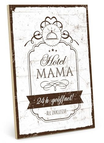 TypeStoff Holzschild mit Spruch – Hotel Mama – im Vintage-Look mit Zitat als Geschenk und Dekoration zum Thema Muttertag, Mutti und Mutter - HS-01363