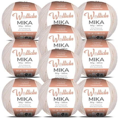 Wollidu Mika 51% Polyacryl 49% Baumwolle zum Häkeln und Stricken 10x 50g/165m Oeko-Tex Strickgarn Häkelgarn - Sandbeige