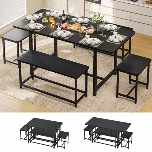 Conjunto Mesa y Sillas Cocina, Mesa de Cocina con Sillas, Mesa de Comedor Extensible, Mesa de Cocina con 2 Taburetes y 2 Bancos, para 8 Personas, Estructura de Metal, Cocina, Comedor, Salón, Negro