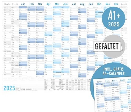 Häfft® XXL Wandkalender 2025 groß A1+ (89 x 63 cm) Blau 15 Monate Nov 2024 - Jan 2026 + gratis A4-Jahresplaner, Wandplaner Jahreskalender gefalzt - nachhaltig & klimafreundlich