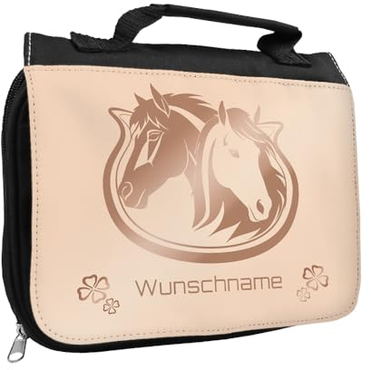 Kulturbeutel mit Namen und Motiv mit Pferde | Kulturtasche mit Hobby personalisiert