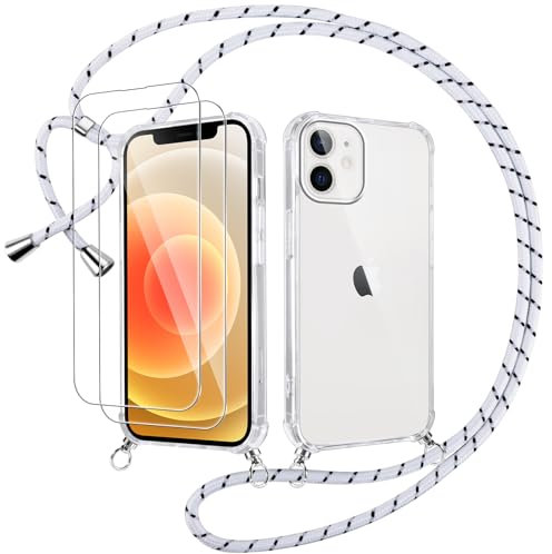 Votvloay Coque Cordon pour iPhone 12/iPhone 12 Pro 6,1 avec 2 Pièces Verre Trempé, Transparent Étui Réglable Laniere Collier Corde Case, Mince TPU Souple Silicone Housse Antichoc Bumper Cover, Blanc